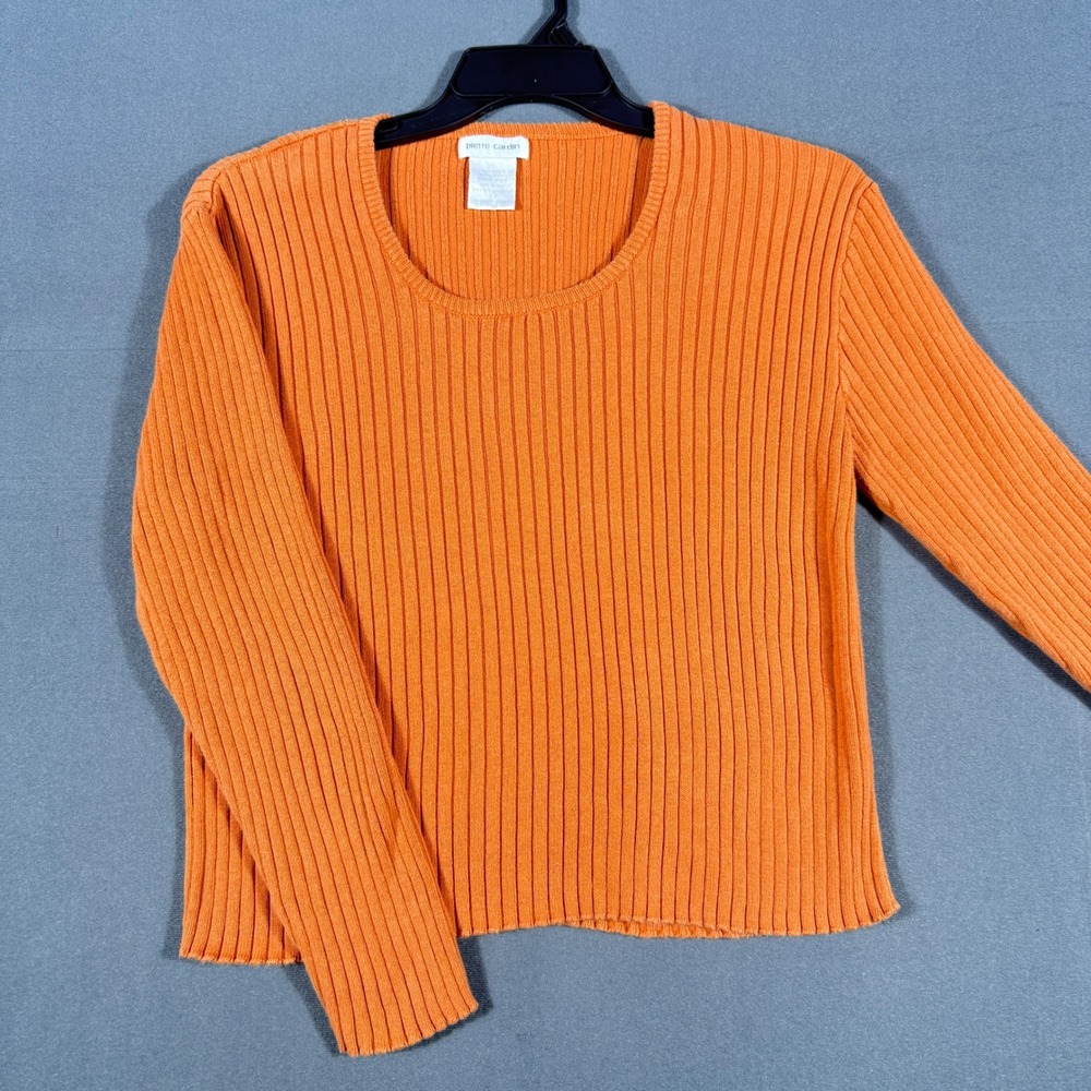 Pierre Cardin Ribbed Knit Sweater Womens Large Orange Cotton Long Sleeve Top